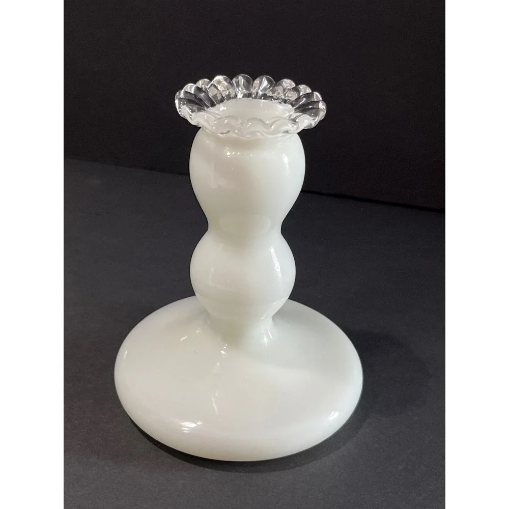Vintage Fenton Milk Glass Candlestick Holders Pair Clear Ruffled Crest 4.5
